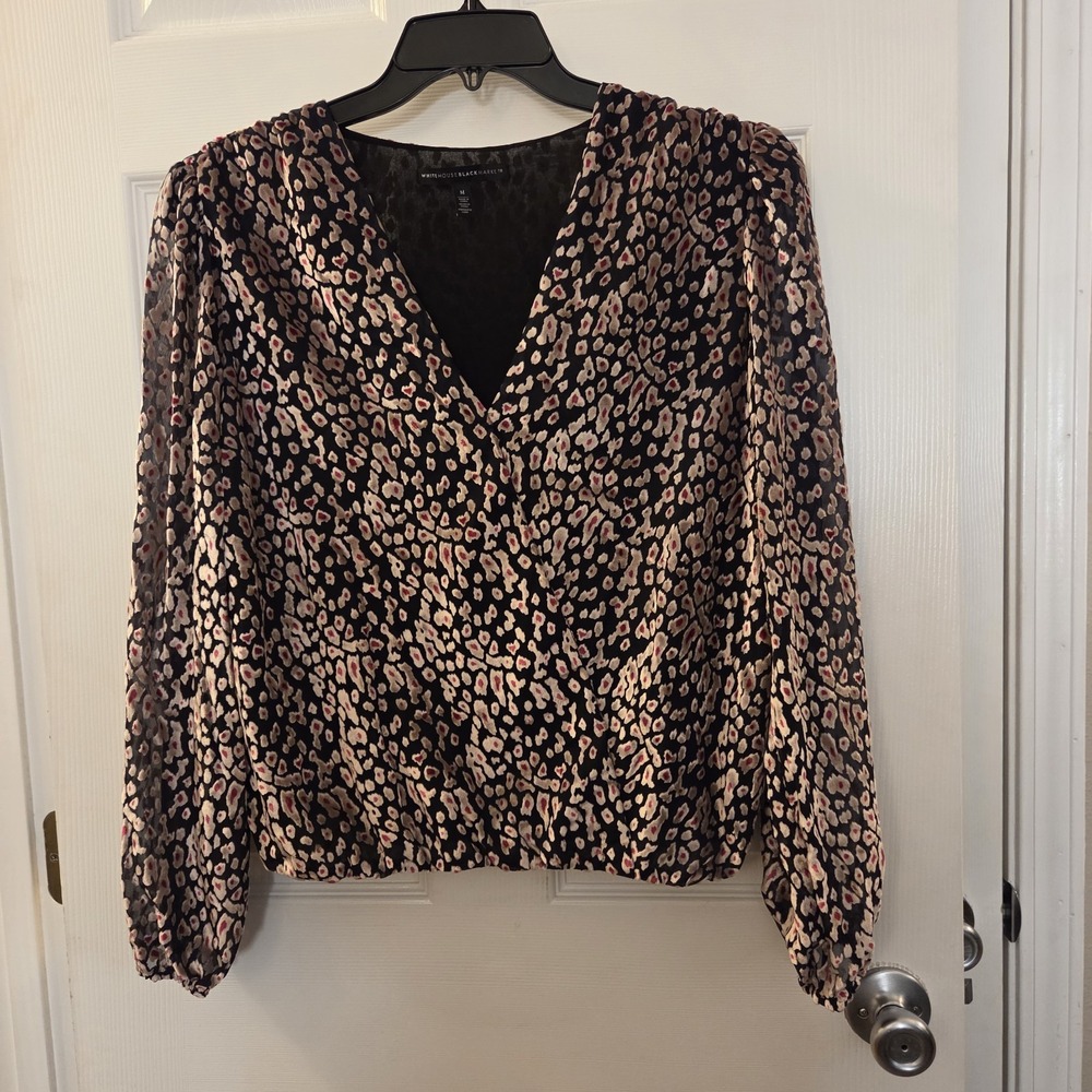 White House Black Market sz M velvet cheetah print pullover top sheer long slvs